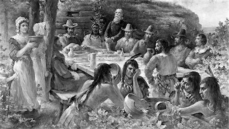 THE FIRST THANKSGIVING DECEMBER 13 1621 PILGRIMS SHARING HARVEST MEAL WITH NATIVE AMERICAN INDIANS PLYMOUTH COLONY MA Stock Photo - Rights-Managed, Code: 846-02793169