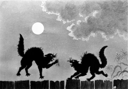 ILLUSTRATION TWO BLACK CATS ON FENCE UNDER MOON FIGHTING Stock Photo - Rights-Managed, Code: 846-02793294