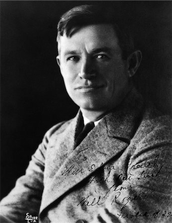famous people portraits - PORTRAIT OF WILL ROGERS AMERICAN ACTOR AND HUMORIST APPEARED IN ZIEGFIELD FOLLIES IN THE 1920s AMERICANA HERO COWBOY 1879-1935 Stock Photo - Rights-Managed, Code: 846-02793305