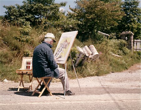 painter, male - 1960 1960s ELDERLY SENIOR MATURE MAN OUTDOORS SITTING AT EASEL PAINTING A ROW OF MAILBOXES HOBBY RETIREMENT RETRO Stock Photo - Rights-Managed, Code: 846-02793837