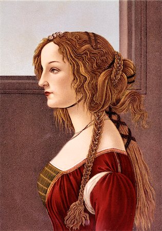 PORTRAIT OF YOUNG WOMAN BY BOTTICELLI PROFILE 15TH CENTURY RENAISSANCE WOMAN RED DRESS ELABORATE LONG HAIR TRESSES Stock Photo - Rights-Managed, Code: 846-02793869