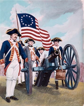 PAINTING ILLUSTRATION OF ARTILLERY CANNON CREW OF SOLDIERS MEN AMERICAN REVOLUTION 1776 TRICORN HAT UNIFORM FLAG Stock Photo - Rights-Managed, Code: 846-02793891