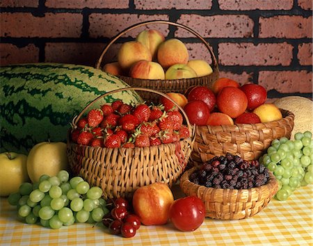 food 1980s - 1980s BASKETS FULL OF FRESH SUMMER FRUITS BRICK WALL BACKGROUND Stock Photo - Rights-Managed, Code: 846-03164258