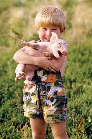 SMILING BLOND 4 YEAR OLD BOY HOLDING SQUEALING BABY PIG Stock Photo - Rights-Managed, Code: 846-03164281