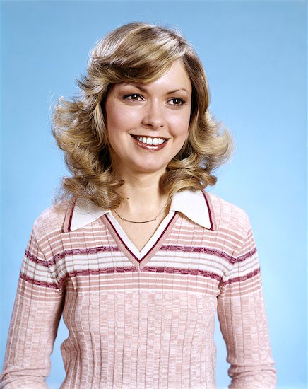 1970s PORTRAIT SMILING CURLY BLOND WOMAN WEARING PINK STRIPE SWEATER Stock Photo - Premium Rights-Managed, Artist: ClassicStock, Image code: 846-03164561