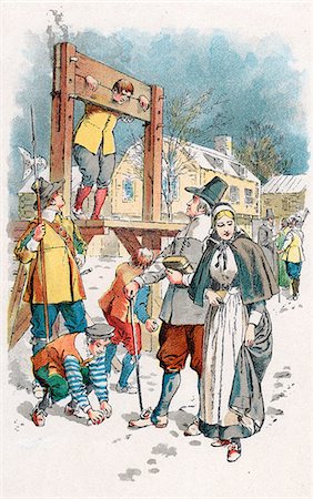 1600s COLONIAL NEW ENGLAND SCENE MAN IN PILLORY BOYS THROWING SNOWBALLS PURITAN COUPLE WALKING WINTER STREET Stock Photo - Rights-Managed, Code: 846-03164594