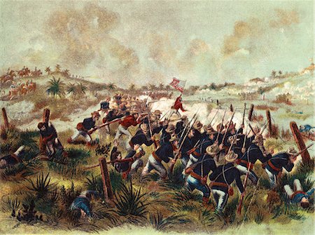 fight illustration - 1890s AMERICAN TROOPS CHARGE SAN JUAN HILL CUBA JULY 1 1898 DURING SPANISH AMERICAN WAR BATTLE SCENE Stock Photo - Rights-Managed, Code: 846-03164595