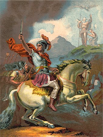 49 B.C. ROMAN JULIUS CAESAR CESAR LEADS HIS TROOPS FROM HORSEBACK ACROSS THE RUBICON RIVER Stock Photo - Rights-Managed, Code: 846-03164592