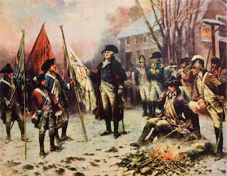 rebell - 1700s 1770s PAINTING OF GEORGE WASHINGTON WINTER AT VALLEY FORGE WITH SOLDIERS AROUND HIM AMERICAN REVOLUTION Stock Photo - Rights-Managed, Code: 846-03164601