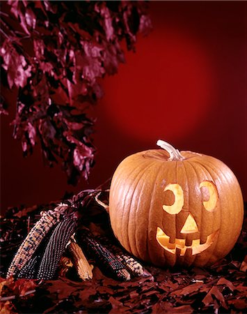 1970s HALLOWEEN STILL LIFE WITH JACK-O'-LANTERN PUMPKIN DRIED CORN AND AUTUMN LEAVES Stock Photo - Rights-Managed, Code: 846-03164637