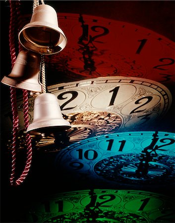 1960s THREE RINGING BELLS AND 4 CLOCK FACES IN RED BLUE WHITE GREEN AT THE STROKE OF MIDNIGHT NEW YEARS EVE Stock Photo - Rights-Managed, Code: 846-03165091