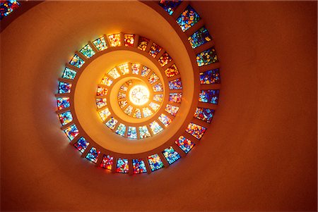 STAINED GLASS SPIRAL CEILING IN CHAPEL OF THANKSGIVING SQUARE DALLAS, TX Stock Photo - Rights-Managed, Code: 846-03165445
