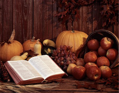 BIBLE OPEN TO PSALMS AND HARVEST BASKET OF APPLES PUMPKINS GRAPES AND AUTUMN LEAVES Stock Photo - Rights-Managed, Code: 846-03165582