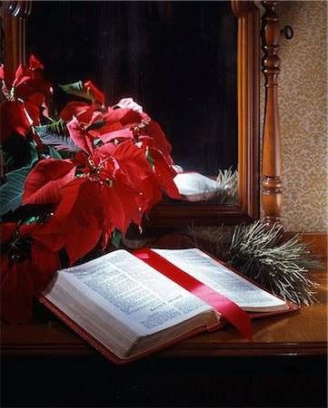CHRISTMAS STILL LIFE OPEN BIBLE POINSETTIA Foto de stock - Con derechos protegidos, Código: 846-03166221