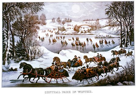 sled - CENTRAL PARK WINTER SCENE NEW YORK CITY PEOPLE ICE SKATING HORSE AND SLEIGH CURRIER & IVES LITHOGRAPH Stock Photo - Rights-Managed, Code: 846-03163632