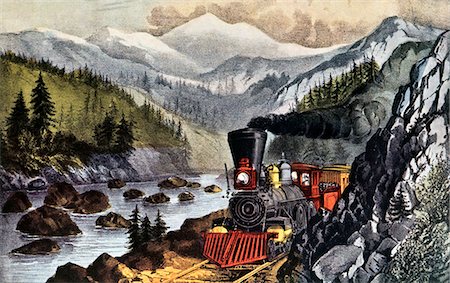 railroads - 1800s THE ROUTE TO CALIFORNIA TRUCKEE RIVER SIERRA-NEVADA CURRIER & IVES PRINT - 1871 Stock Photo - Rights-Managed, Code: 846-03163653