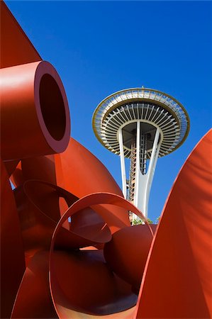 space needle - Olympic Iliad sculpture by Alexander Liberman and Space Needle, Seattle Center, Seattle, Washington State, United States of America, North America Foto de stock - Con derechos protegidos, Código: 841-05784304