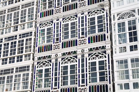 Galerias (glass-fronted balconies) on Marina Avenue, La Coruna City, Galicia, Spain, Europe Stock Photo - Rights-Managed, Code: 841-05784379