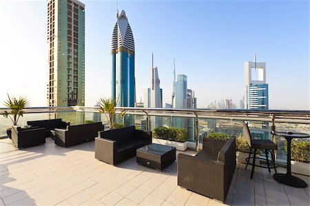 seating area - Cityscape seen from rooftop bar, Sheikh Zayed Road, Dubai, United Arab Emirates, Middle East Stock Photo - Rights-Managed, Code: 841-05785687