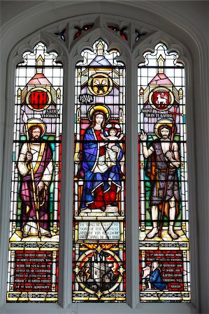 stain glass window - Stained glass window by Lawrence Lee showing the Virgin Mary and Child flanked by St. Thomas and St. John the Baptist with a roundel of the church tower and kneeling figure of Christopher Wren below, South Chapel, St. Mary Aldermary Church, City of London, London, England, United Kingdom, Europe Stock Photo - Rights-Managed, Code: 841-05785948