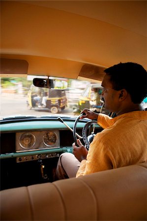 Kerela 1950's Ambassador car with driver, busy Keralan street through windscreen, India, Asia Stock Photo - Rights-Managed, Code: 841-05786027