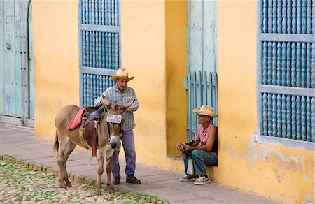 Local man with his donkey and another with his cockerel, waiting for tourists outside the Galaria de Arts, Trinidad, Cuba, West Indies, Central America Foto de stock - Con derechos protegidos, Código: 841-05781402