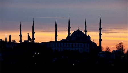 Silhouette at dawn of the Blue Mosque built by Sultan Ahmet I in 1609, designed by architect Mehmet Aga, Istanbul, Turkey, Europe Stock Photo - Rights-Managed, Code: 841-05781569