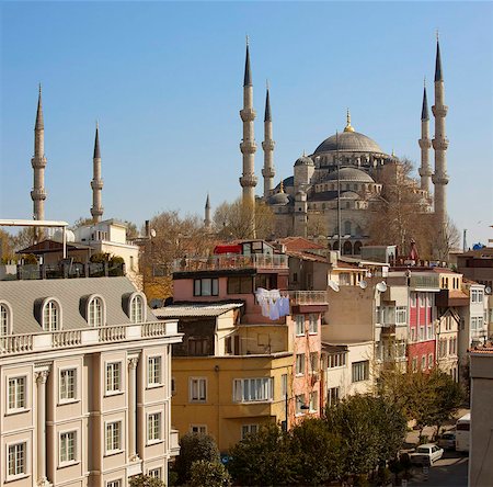 Roof-top hotel cafes overlooked by the Blue Mosque, Istanbul, Turkey, Europe Foto de stock - Con derechos protegidos, Código: 841-05781563