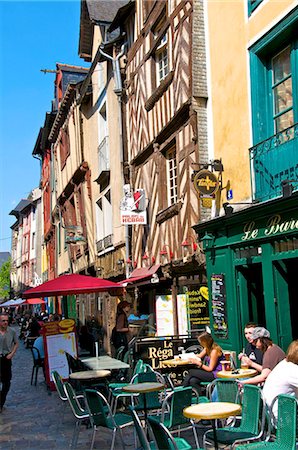 Cafe terraces and half timbered houses, rue de la Soif (Thirst street), old Rennes, Brittany, France, Europe Stock Photo - Rights-Managed, Code: 841-05782087