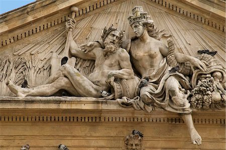 Pediment, ancient Grain Market hall, with statues representing Rhone and Durance rivers, and pigeons, Old Aix, Aix en Provence, France, Europe Stock Photo - Rights-Managed, Code: 841-05782095