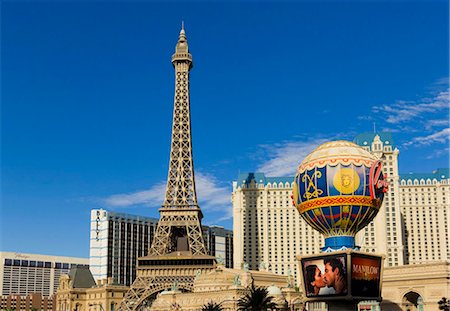 replica - Paris Hotel with the half-size Eiffel Tower and a sign like the Montgolfier balloon, Bally's Hotel and the Flamingo Hotel behind, The Strip, Las Vegas Boulevard South, Las Vegas, Nevada, United States of America, North America Stock Photo - Rights-Managed, Code: 841-05782319