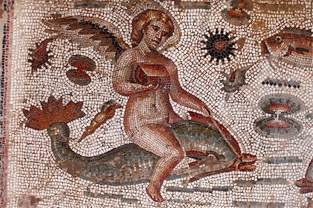 Angel riding on a dolphin, part of the Amphitrite Roman mosaic, House of Amphitrite, Bulla Regia Archaeological Site, Tunisia, North Africa, Africa Foto de stock - Con derechos protegidos, Código: 841-05794585