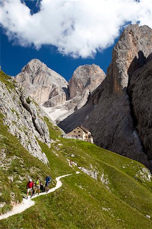 Trekkers and Bergamo alpine refuge, Rosengarten mountain range, Dolomites, South Tyrol, Bolzano province, Italy, Europe Stock Photo - Rights-Managed, Code: 841-05795188