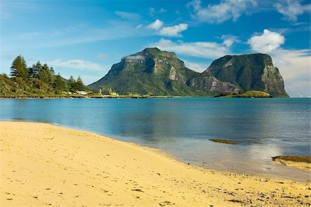 Old Settlement Bay and Mount Lidgbird on left and Mount Gower by the lagoon with the world's most southerly coral reef, volcanic island in the Tasman Sea, Lord Howe Island, UNESCO World Heritage Site, New South Wales, Australia, Pacific Stock Photo - Rights-Managed, Code: 841-05795798