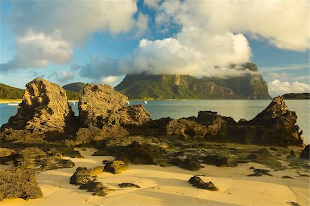 Eroded calcarenite rock (cemented coral sands) with Mount Lidgbird and Mount Gower by the lagoon with the world's most southerly coral reef, on this 10km long volcanic island in the Tasman Sea, Lord Howe Island, UNESCO World Heritage Site, New South Wales, Australia, Pacific Foto de stock - Con derechos protegidos, Código: 841-05795802