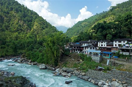 Birethanti village, and Modi River valley, Annapurna Sanctuary Region, Himalayas, Nepal, Asia Stock Photo - Rights-Managed, Code: 841-05795832