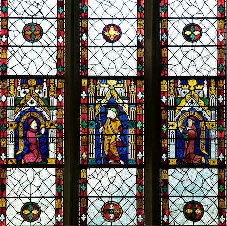 Close-up of 13th and 14th century stained glass windows of saint with kneeling patrons, Merton College Chapel, Oxford University, Oxford, Oxfordshire, England, United Kingdom, Europe Foto de stock - Con derechos protegidos, Código: 841-05795948