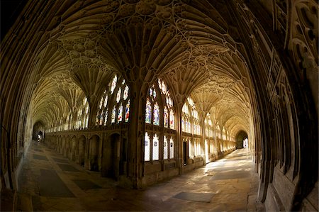 14th century fan vaulting in the Great Cloisters, Gloucester Cathedral, Gloucester, Gloucestershire, England, United Kingdom, Europe Stock Photo - Rights-Managed, Code: 841-05796013