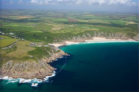 simsearch:841-05796058,k - Aerial photo of Lands End Peninsula looking east to the Minnack Theatre and Porthcurno beach, West Penwith, Cornwall, England, United Kingdom, Europe Stock Photo - Rights-Managed, Code: 841-05796024