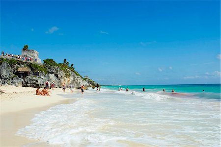 seaside ruin - Beach on Caribbean coast below the ancient Mayan site of Tulum, Quintana Roo, Mexico, North America Stock Photo - Rights-Managed, Code: 841-05796620