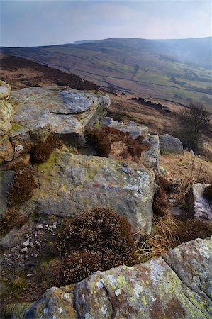 Hazy light and smoke from heather burning on the moors at Scugdale, North Yorkshire, England, United Kingdom, Europe Foto de stock - Con derechos protegidos, Código: 841-05796891