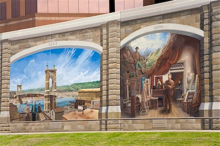 Roebling mural by Robert Dafford on the Ohio River levee, Covington, Kentucky, United States of America, North America Stock Photo - Rights-Managed, Code: 841-05846248