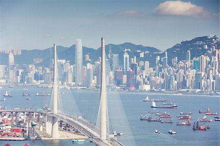 View of Stonecutters Bridge and Hong Kong Island from Tsing Yi, Hong Kong, China, Asia Stock Photo - Rights-Managed, Code: 841-05846445