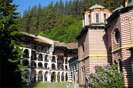 distinctive - Courtyard, dormitories and Church of the Nativity, Rila Monastery, UNESCO World Heritage Site, nestled in the Rila Mountains, Bulgaria, Europe Stock Photo - Rights-Managed, Code: 841-05847115