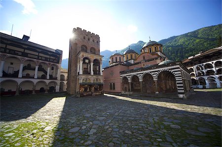 Courtyard, Church of the Nativity and Hrelyo's Tower, Rila Monastery, UNESCO World Heritage Site, nestled in the Rila Mountains, Bulgaria, Europe Stock Photo - Rights-Managed, Code: 841-05847116