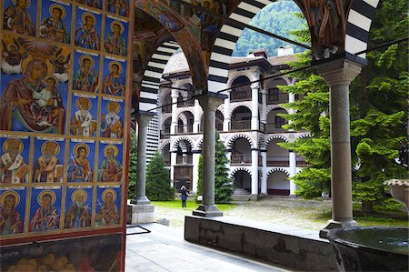 Arcade murals depicting religious figures, Church of the Nativity, Rila Monastery, UNESCO World Heritage Site, nestled in the Rila Mountains, Bulgaria, Europe Stock Photo - Rights-Managed, Code: 841-05847118