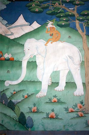 elephant with a bird - Painting of the Four Harmonious Friends in Buddhism,  elephant, monkey, rabbit and partridge, inside Trongsa Dzong, Trongsa, Bhutan, Asia Foto de stock - Con derechos protegidos, Código: 841-05959782