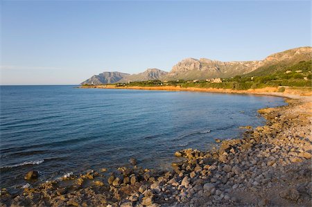 View along coast towards Cap Ferrutx at sunset, Colonia de Sant Pere, near Arta, Mallorca, Balearic Islands, Spain, Mediterranean, Europe Stock Photo - Rights-Managed, Code: 841-05959866