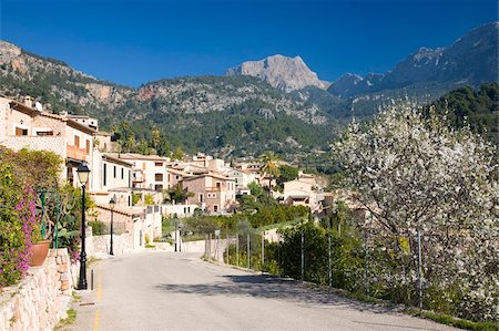 View along village street to Puig Major, the island's highest peak, Fornalutx, near Soller, Mallorca, Balearic Islands, Spain, Europe Stock Photo - Rights-Managed, Code: 841-05959861