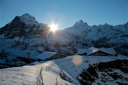 first - Sunrise on the  Wetterhorn, seen from First, Grindelwald, Bernese Oberland, Swiss Alps, Switzerland, Europe Stock Photo - Rights-Managed, Code: 841-05960004